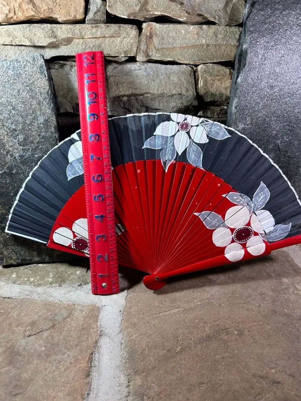 Red and Black Vintage Fan with white floral Motif Wood and fabric